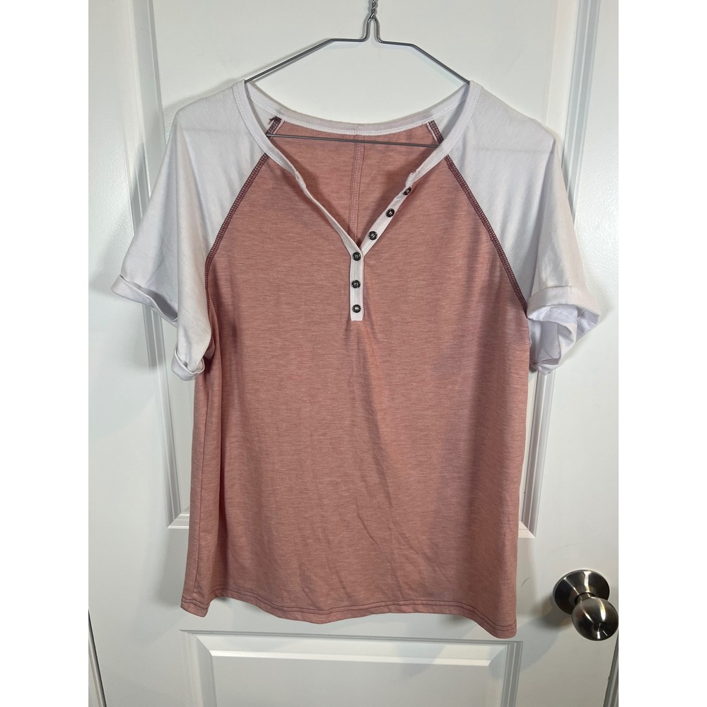 Unbranded Women Henley Top Colorblock Raglan Pink White Size M